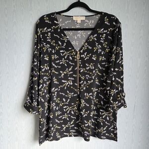 Michael Kors Liquid Knit Floral Roll Tab Sleeve Zipper Detail Floral Top Xl